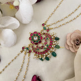 Vriksham Antique Floral Kundan Jadau Sheeshphool-Red Green-Green Bead-J2783